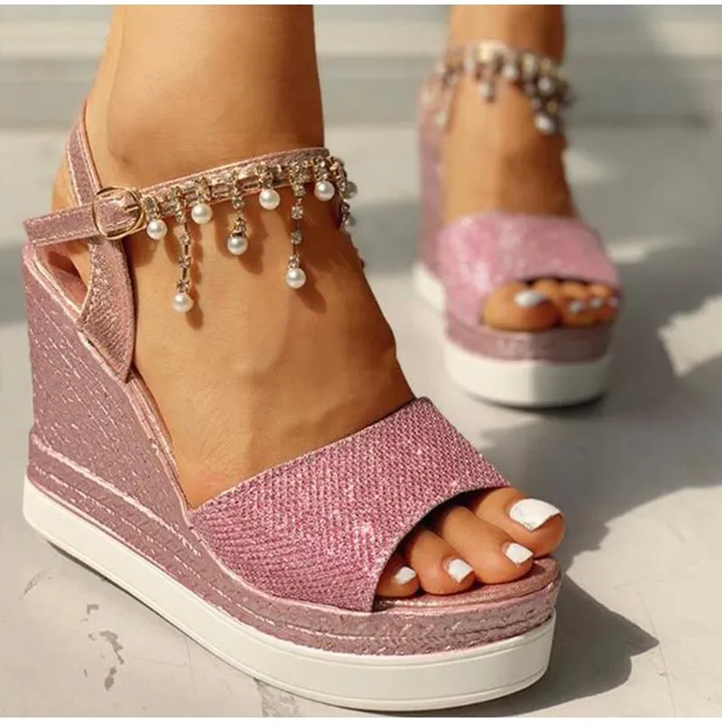 BerriesJam - Summer Bead Studded Detail Platform Strap Peep Toe Wedges
