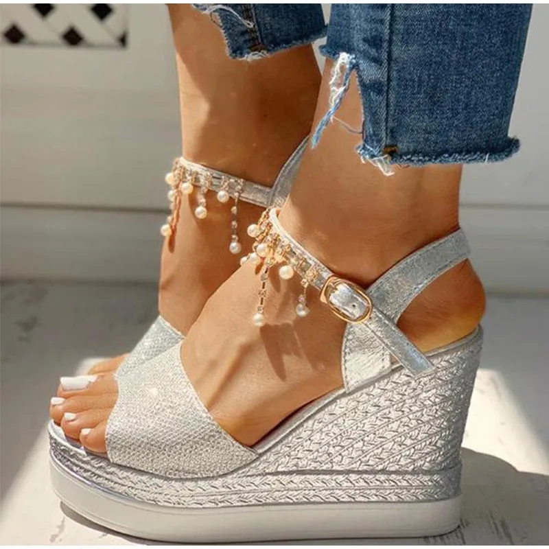 BerriesJam - Summer Bead Studded Detail Platform Strap Peep Toe Wedges
