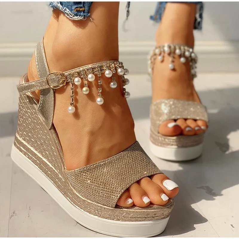 BerriesJam - Summer Bead Studded Detail Platform Strap Peep Toe Wedges