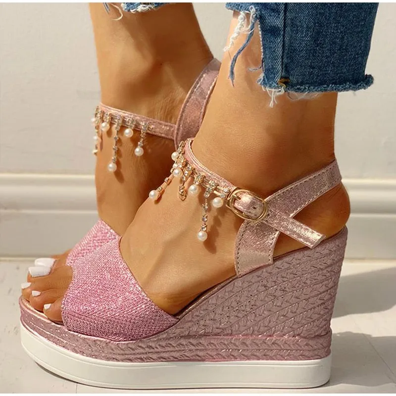 BerriesJam - Summer Bead Studded Detail Platform Strap Peep Toe Wedges
