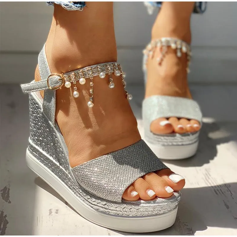 BerriesJam - Summer Bead Studded Detail Platform Strap Peep Toe Wedges