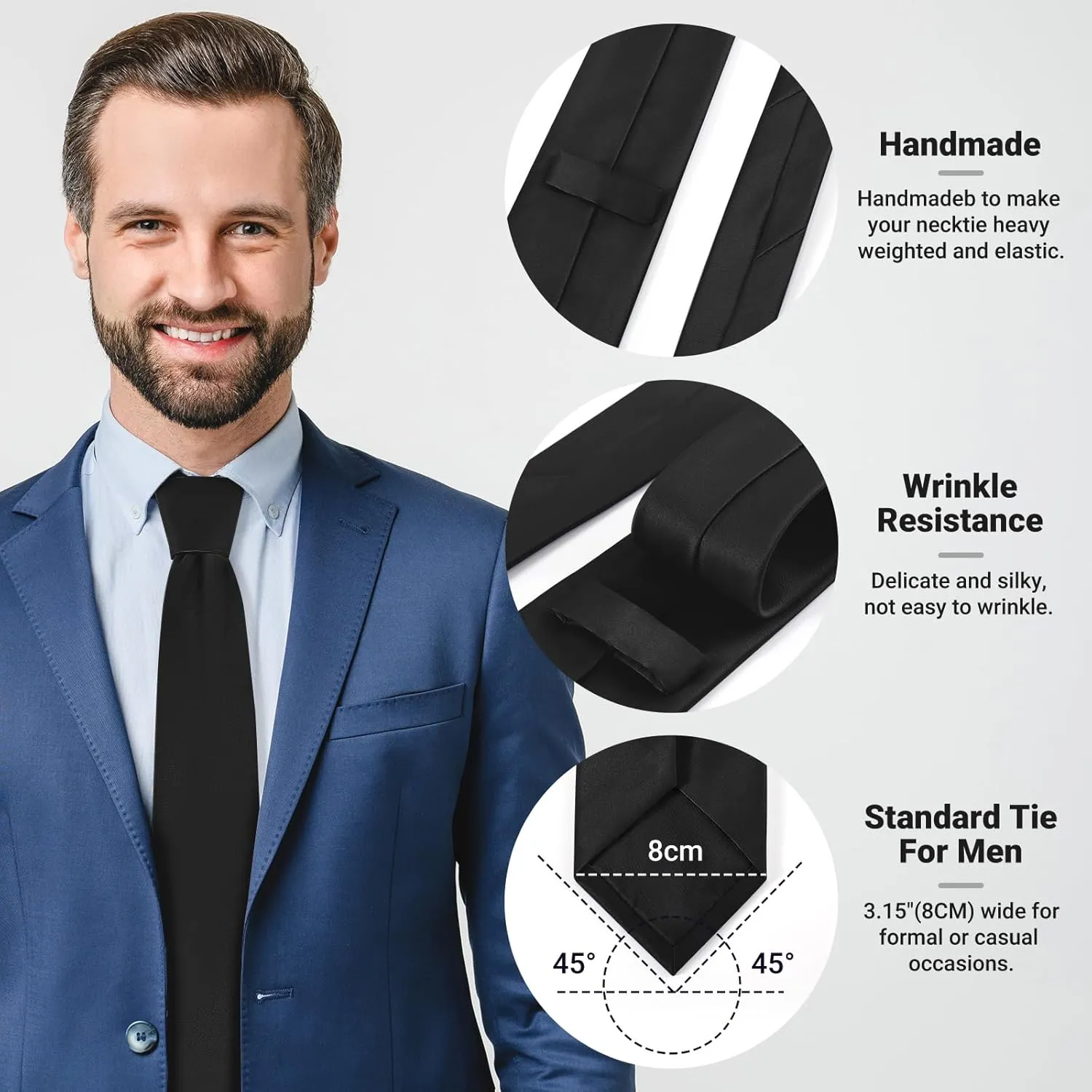 Black Ties For Men Solid Pure Color Formal Neckties 3.15" (8CM) Men's Tie for Business and Wedding with Gift Box