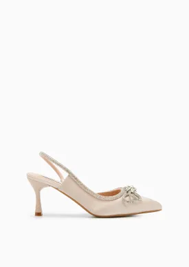 Bow Knot Satin Heels - Beige