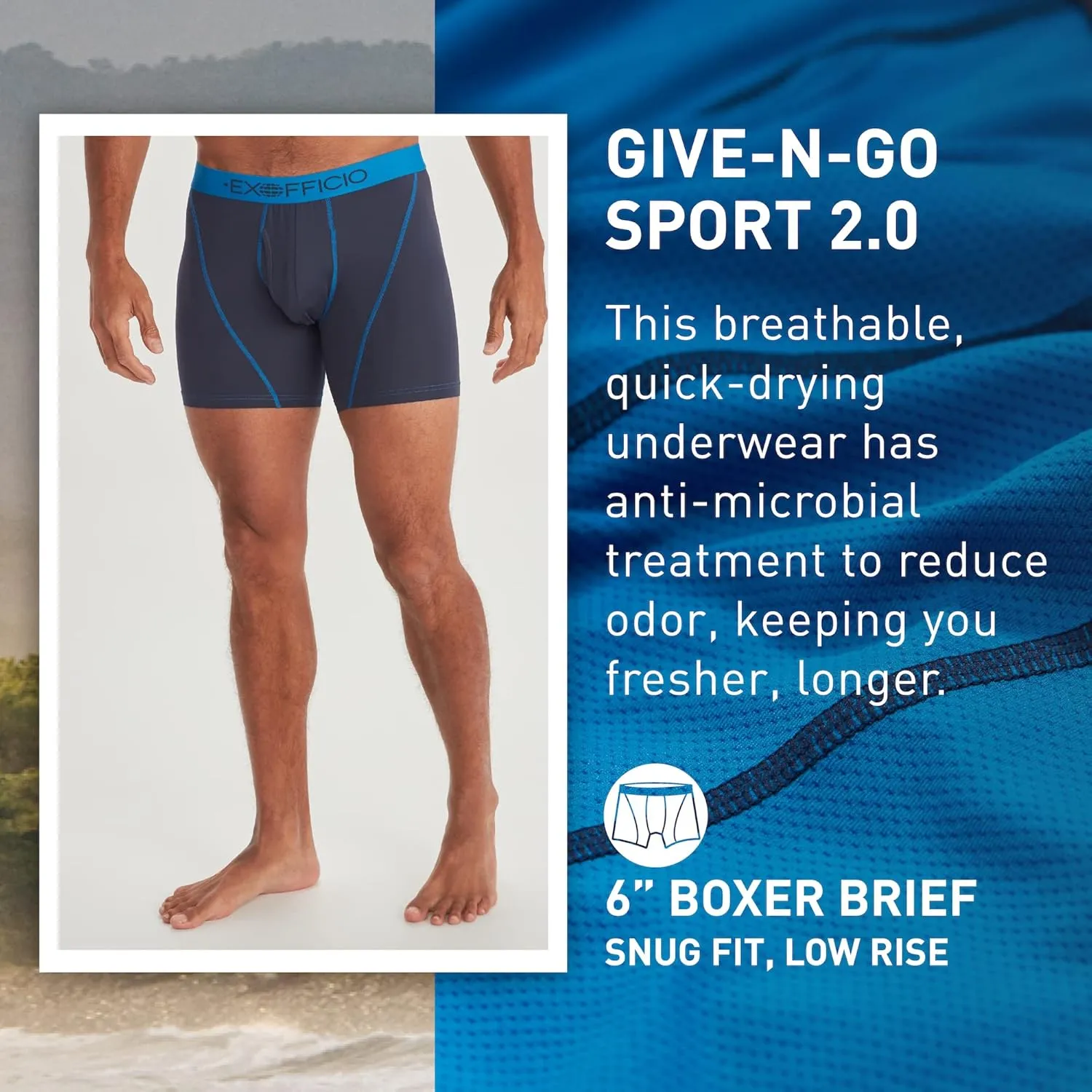 ExOfficio Men's Give-N-Go Sport 2.0 Boxer Brief 6 " Travel Underwear for Men, Breathable and Durable, Easy Clean