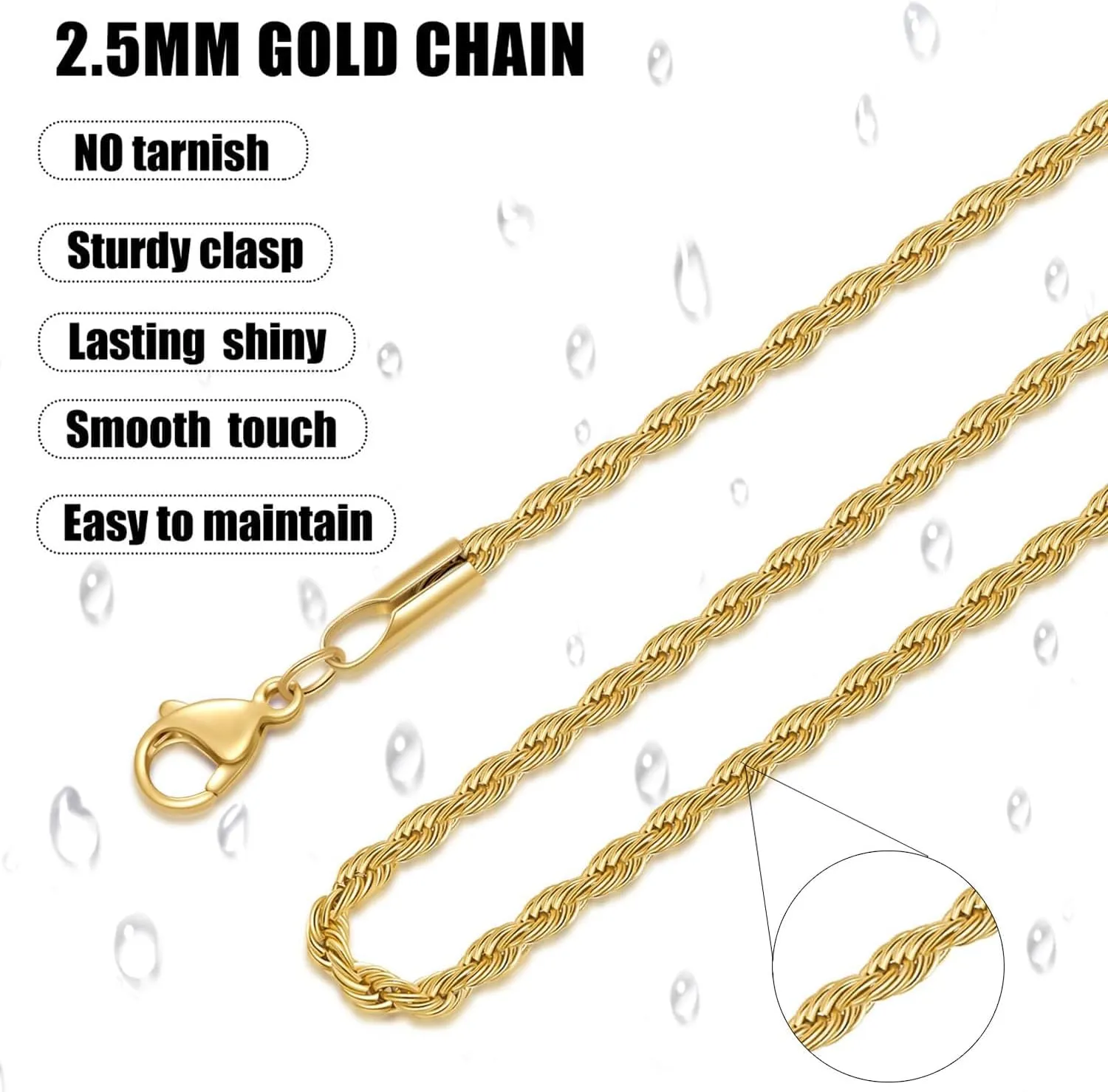 Fiusem Gold Plated Rope Chain for Men, 18K Gold Plated Chain Necklace, Stainless Steel Necklace for Men and Women