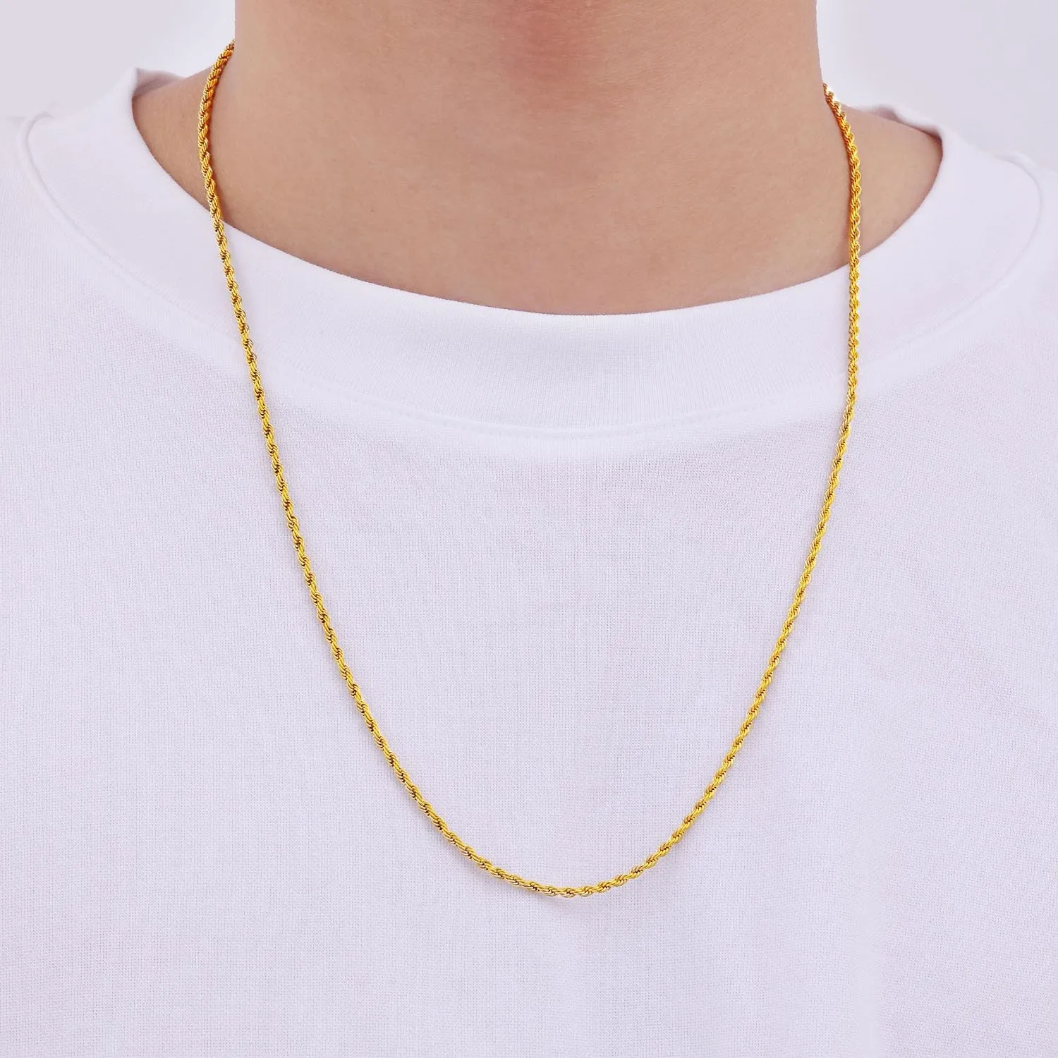 Fiusem Gold Plated Rope Chain for Men, 18K Gold Plated Chain Necklace, Stainless Steel Necklace for Men and Women