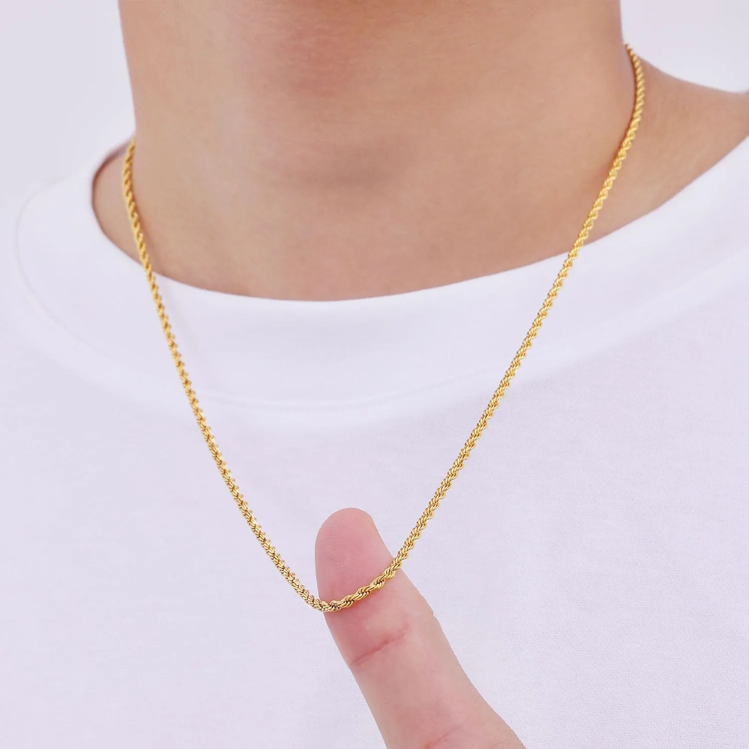 Fiusem Gold Plated Rope Chain for Men, 18K Gold Plated Chain Necklace, Stainless Steel Necklace for Men and Women