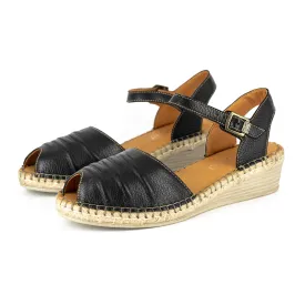 Lontoza : Ladies Leather Wedge Espadrille in Black Cayak