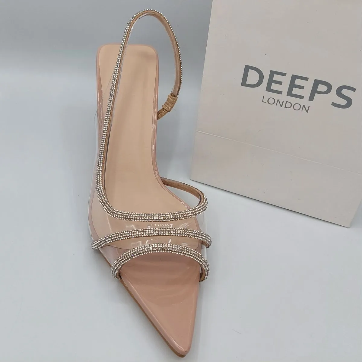 NAVEH WOMEN'S SHINY RHINESTONES  CLEAR PERSPEX SLINGBACK WITH STILETTO HEELS