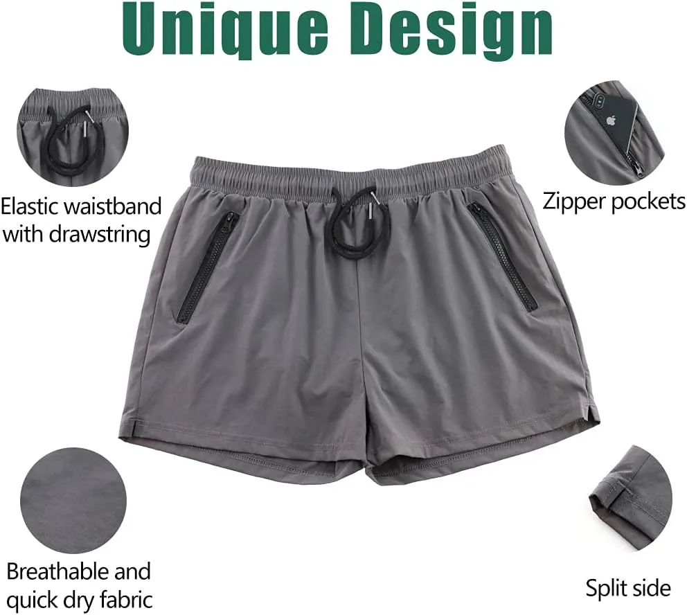 Rexcyril Men's Athletic Gym Workout Shorts 3 Inch Quick Dry Running Bodybuilding Short Shorts with Liner and Zipper Pockets