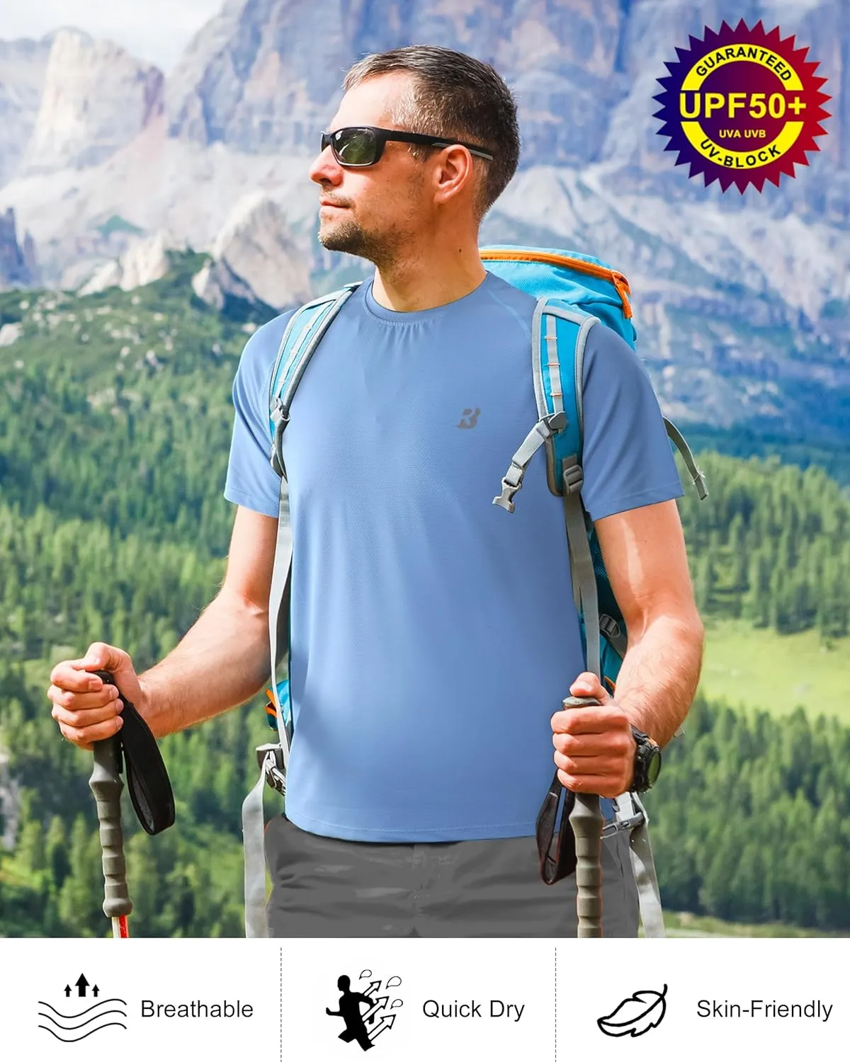 Roadbox Men's Rash Guard Short Sleeve, UPF 50  UV Sun Protection Water T-Shirts, Cool Dry Swim Shirts for Surf Beach Fishing