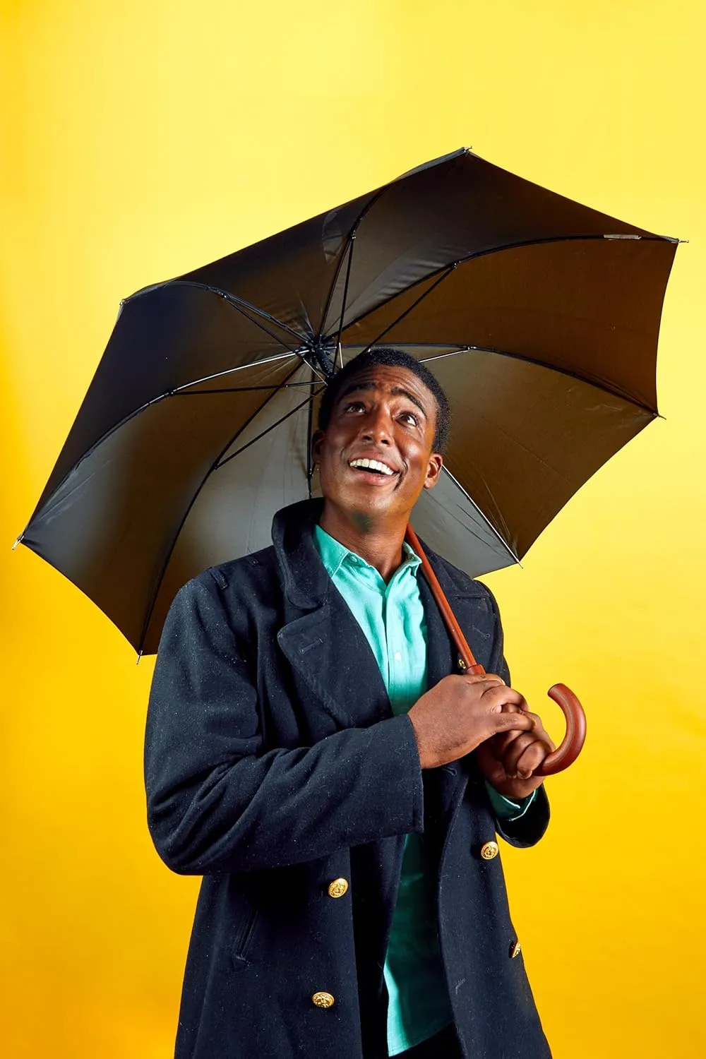 Totes Eco Auto Open Umbrella Classic Wooden J Stick Handle with Easy Grip - Windproof, Rainproof and Durable Canopy Design ?C Versatile Travel, Perfect for Rainy Days