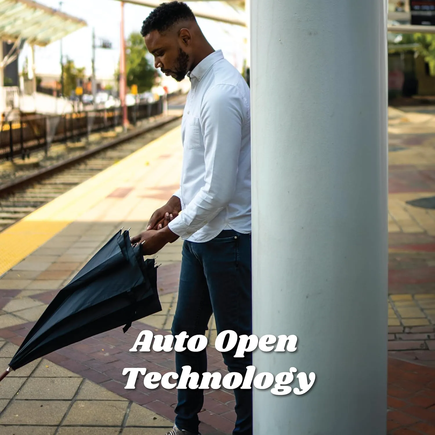 Totes Eco Auto Open Umbrella Classic Wooden J Stick Handle with Easy Grip - Windproof, Rainproof and Durable Canopy Design ?C Versatile Travel, Perfect for Rainy Days
