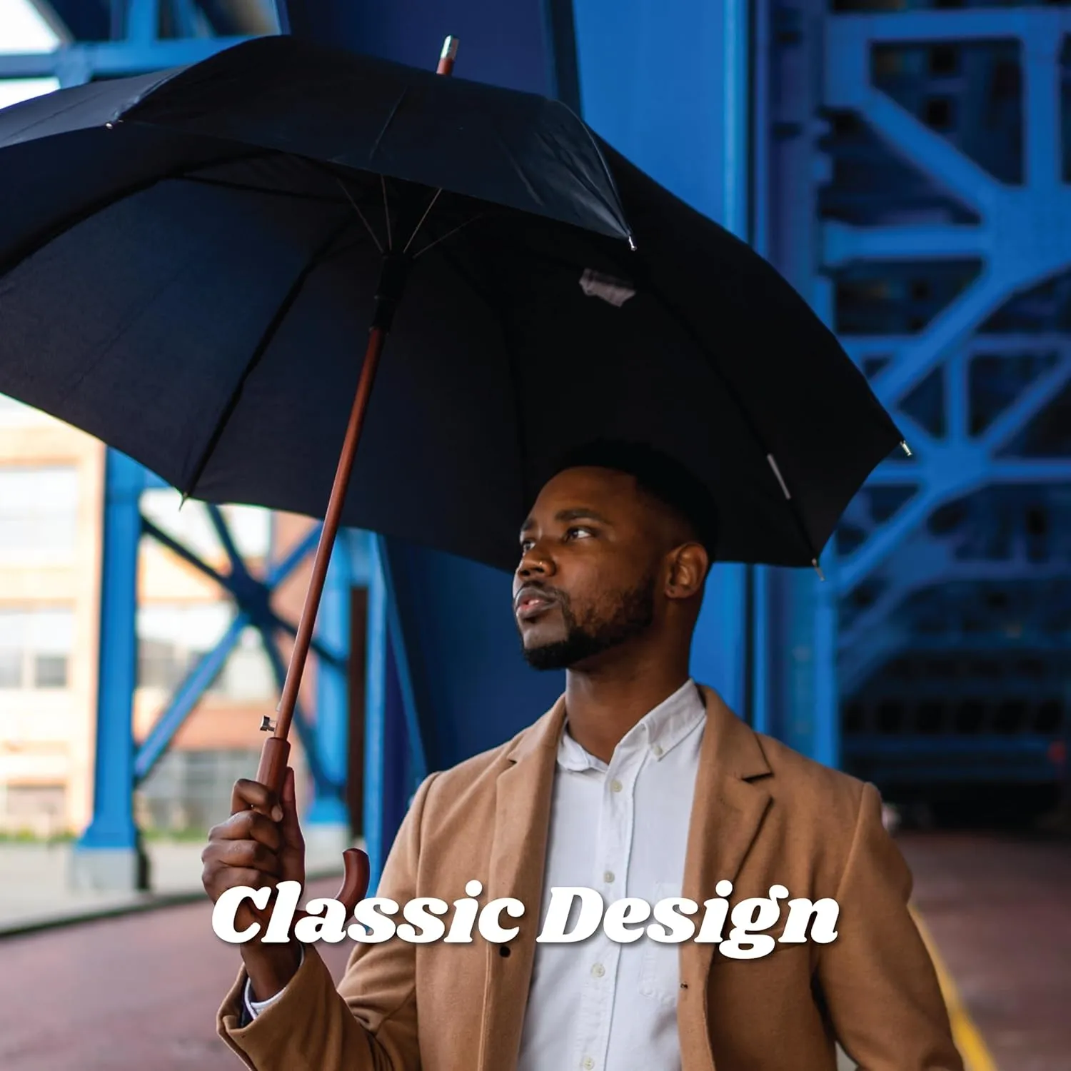 Totes Eco Auto Open Umbrella Classic Wooden J Stick Handle with Easy Grip - Windproof, Rainproof and Durable Canopy Design ?C Versatile Travel, Perfect for Rainy Days