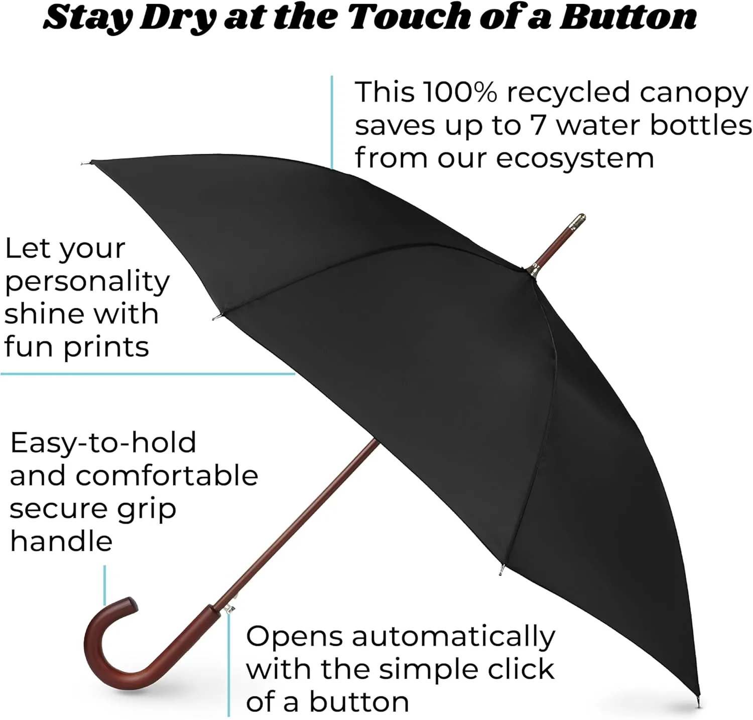 Totes Eco Auto Open Umbrella Classic Wooden J Stick Handle with Easy Grip - Windproof, Rainproof and Durable Canopy Design ?C Versatile Travel, Perfect for Rainy Days