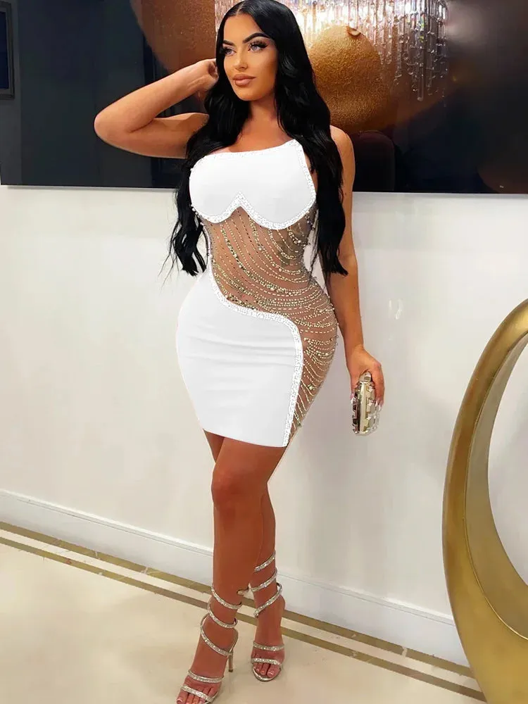 Trendy Mesh Pearls Rhinestone Party Dress