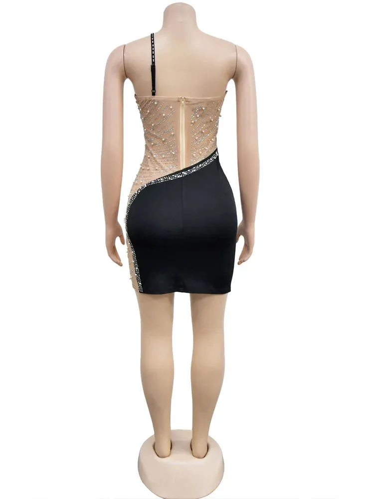 Trendy Mesh Pearls Rhinestone Party Dress
