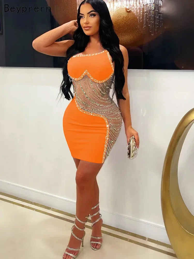 Trendy Mesh Pearls Rhinestone Party Dress