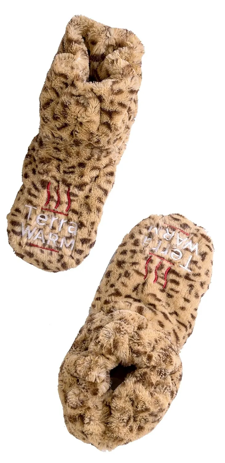 Warming Slippers - Microwave Toes and Feet Warmers Cordless (Cozy Toasty Warming Socks- Relaxation, Natural Heat, Massaging, and Cold Foot Relief) (Large, Leopard)