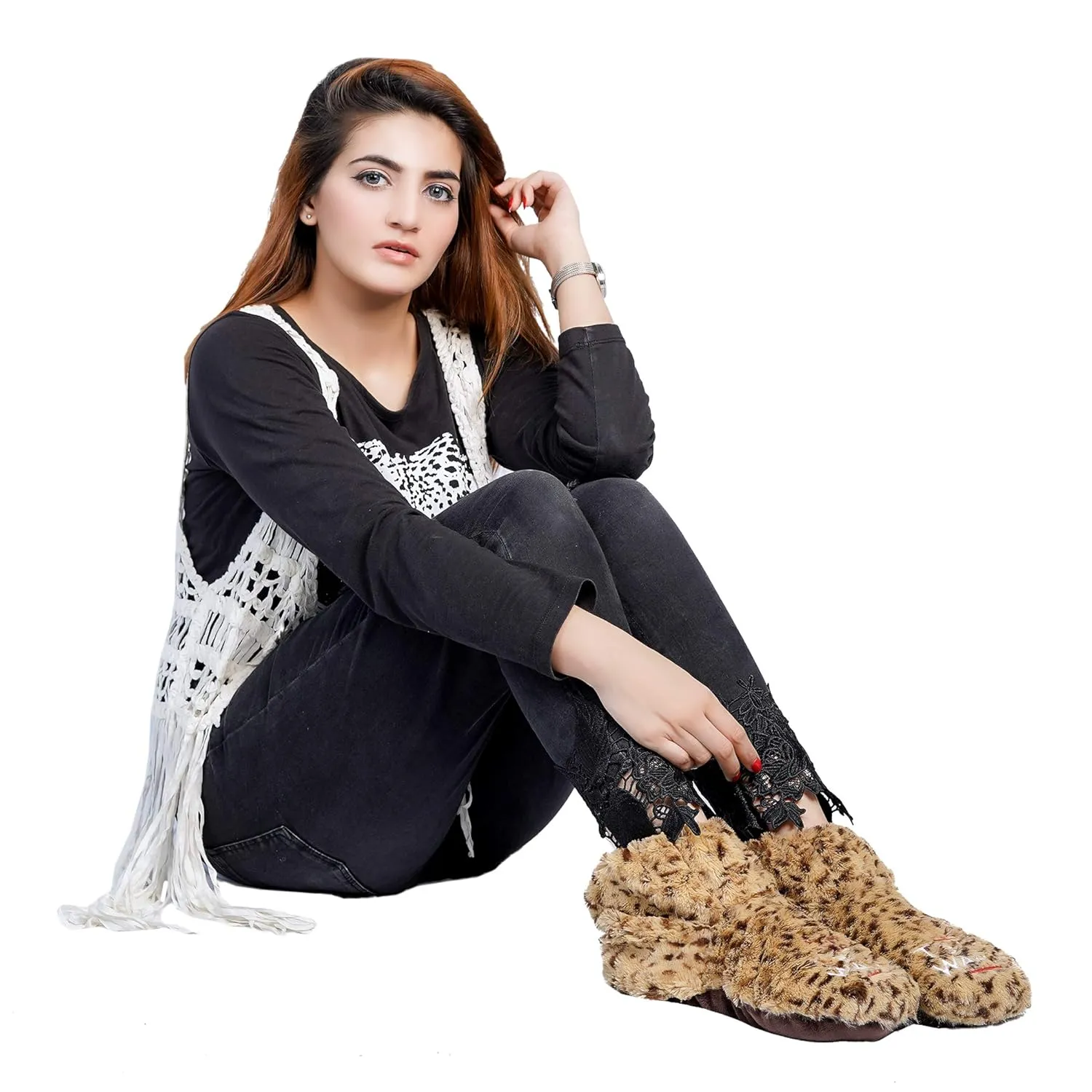 Warming Slippers - Microwave Toes and Feet Warmers Cordless (Cozy Toasty Warming Socks- Relaxation, Natural Heat, Massaging, and Cold Foot Relief) (Large, Leopard)